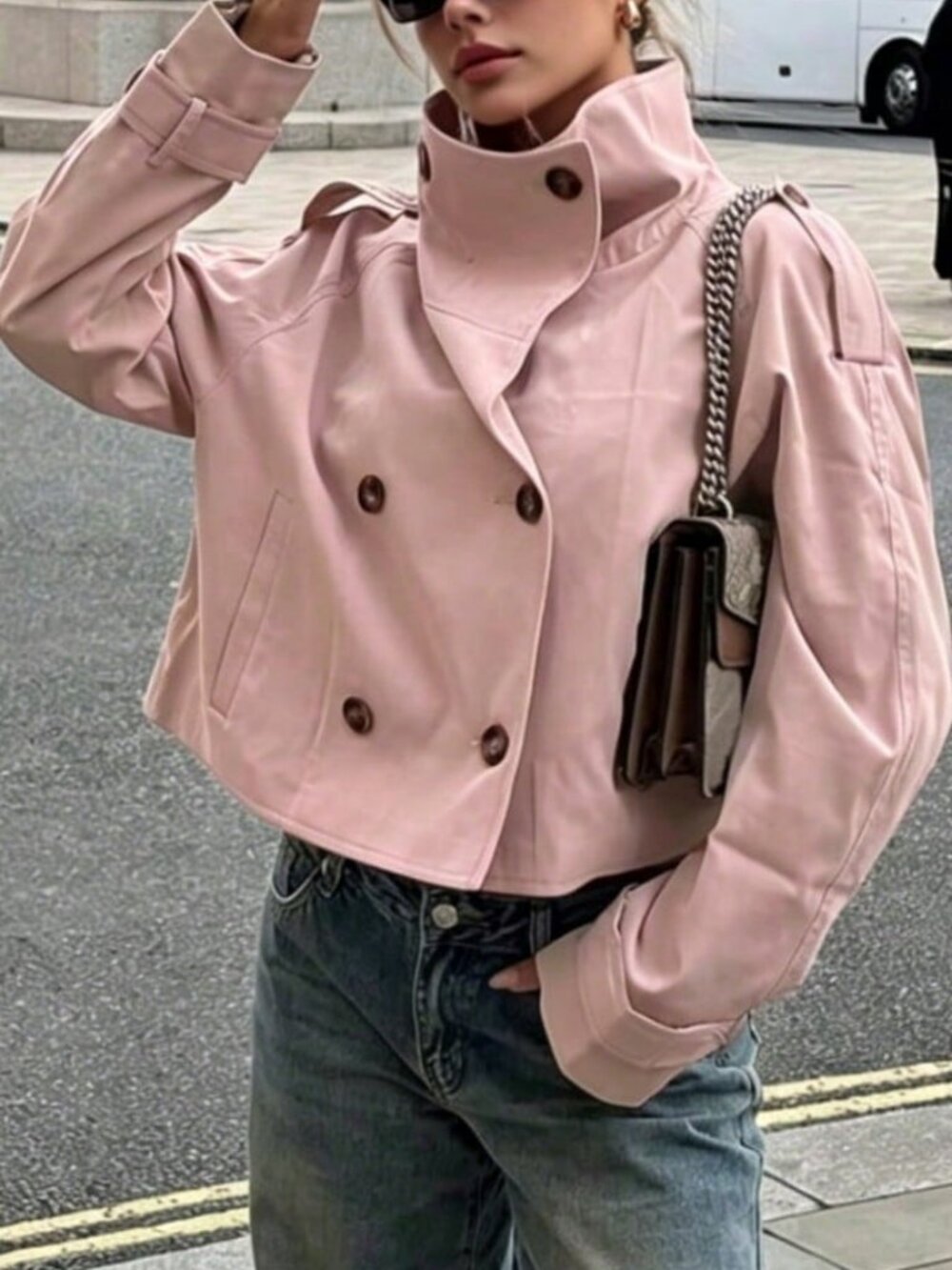 Pink Casual Women's Double-Breasted Long Sleeve Jacket - Picture 2 of 6
